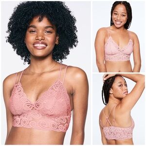 Victoria’s Secret, PINK, Damsel Pink Crochet Lace Strappy Longline Bralette